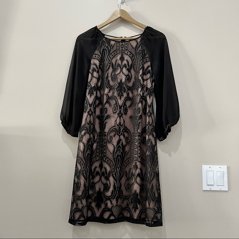 Adrianna Papell Black and Nude Lace Dress with Black Sheer Sleeves size 6